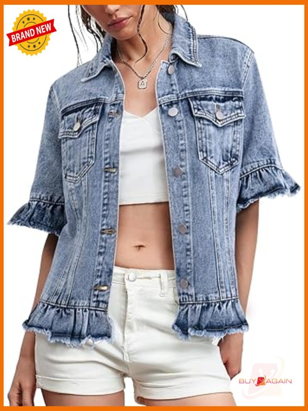 Short Sleeve Denim Jacket with Ruffle Trim Lightweight Summer Jean Jacket